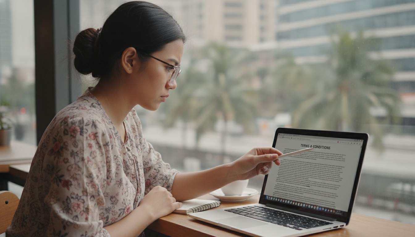 Know Your Terms A woman reading terms and conditions